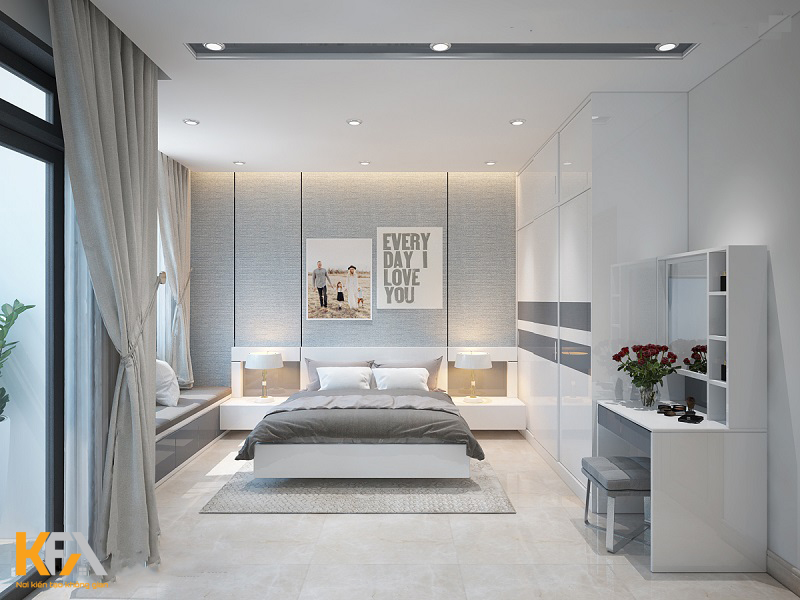 Phòng ngủ 30m2 đơn giản với gam màu trắng tinh tế