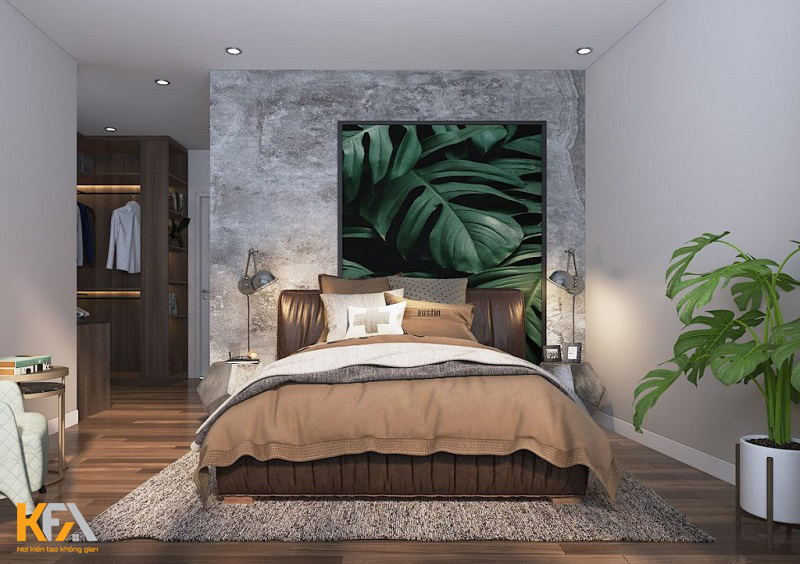 Phòng ngủ vợ chồng anh Dũng cũng được thiết kế phong cách nội thất nhiệt đới xanh tươi