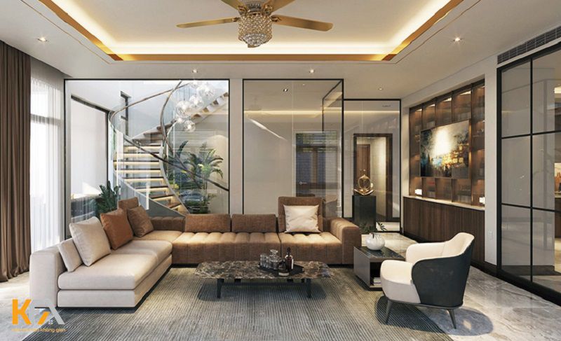 Tổng thể phòng khách được thiết kế theo tông màu trắng đơn giản với đá lát sàn hiện đại