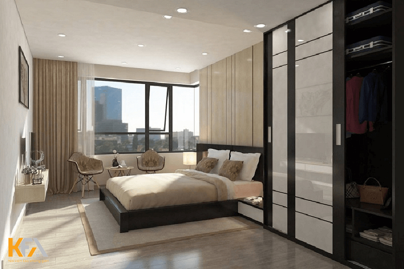 Phòng ngủ 14m2 với cửa sổ kính lớn Phòng ngủ 14m2 với cửa sổ kính lớn