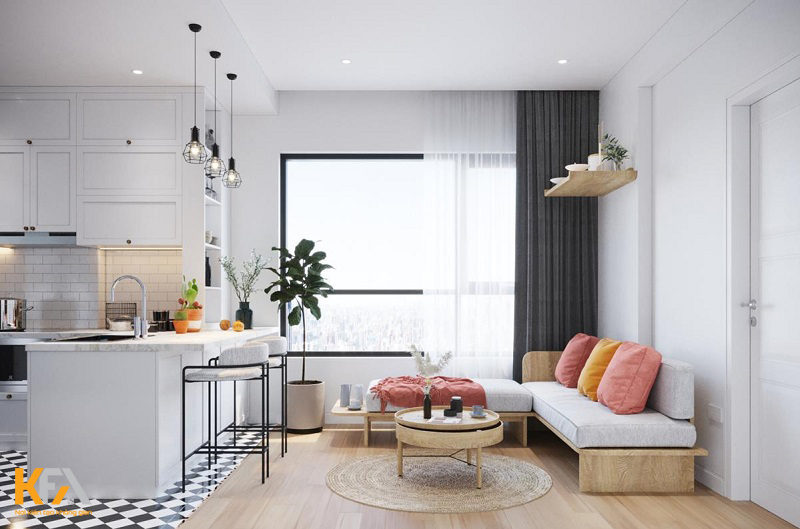 Phòng khách 20m2 liền bếp ngăn cách bằng chậu cây Phòng khách 20m2 liền bếp ngăn cách bằng chậu cây