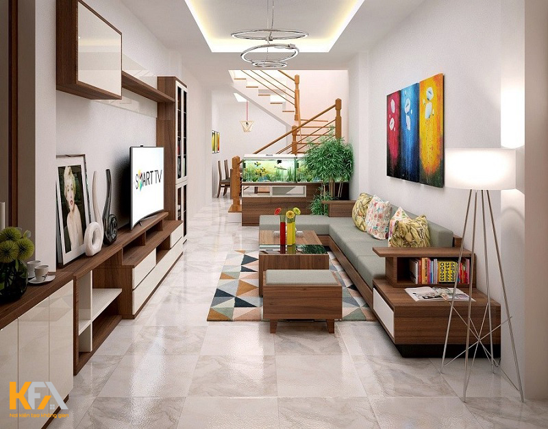 Phòng khách liền bếp ngăn cách bằng kệ trang trí, kệ sách Phòng khách liền bếp ngăn cách bằng kệ trang trí, kệ sách