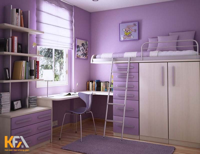 Sử dụng gam màu tím và đồ nội thất thông minh trong thiết kế phòng ngủ 3m2 cho bé