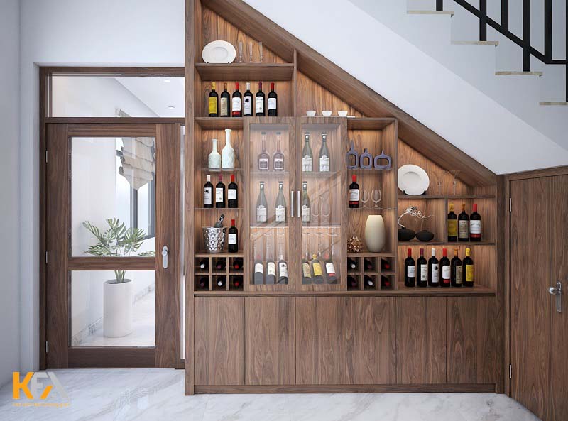 Mẫu tủ rượu cầu thang hiện đại với nội thất gỗ tự nhiên