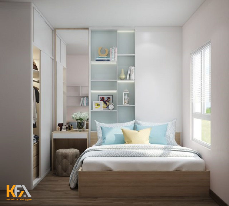 Căn phòng ngủ nhẹ nhàng và yên bình với gam màu trắng kết hợp xanh pastel