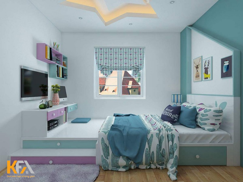 Mẫu phòng ngủ bé gái cá tính với gam màu xanh, tím được thiết kế những món đồ nội thất ngủ thông minh