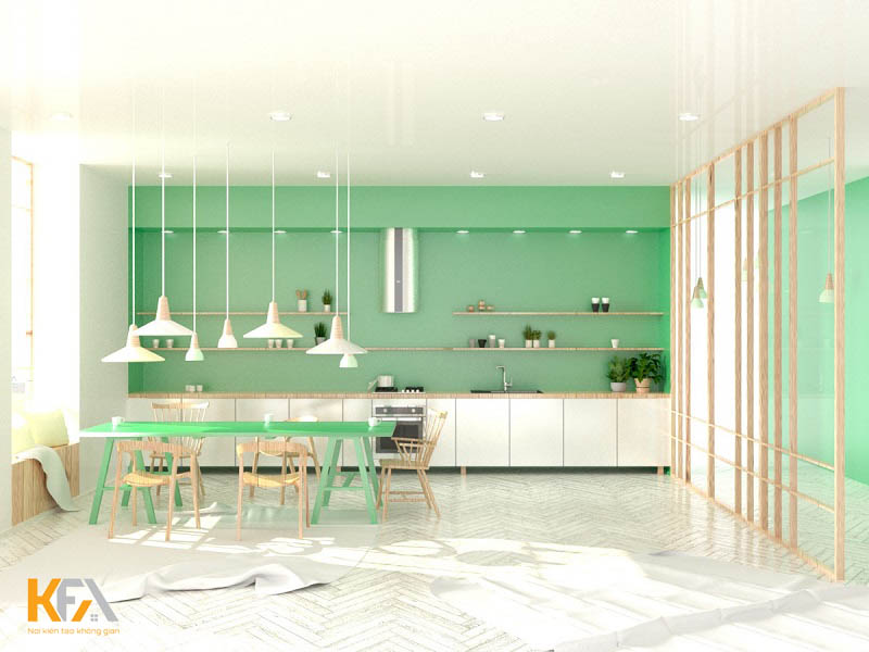 Phòng bếp gam màu xanh cốm