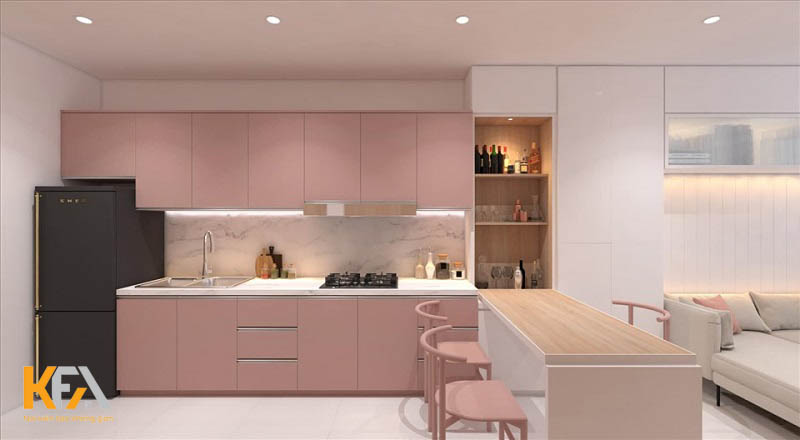 Phòng bếp màu hồng ngọt ngào