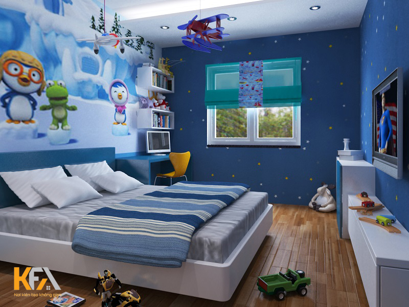 Mẫu phòng ngủ 10m2 dành cho bé trai được sử dụng gam màu xanh dương đầy năng động
