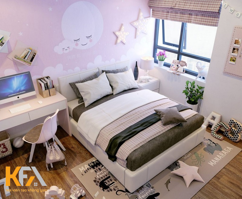 Phòng ngủ bé tông hồng pastel nổi bật với giấy dán tường chủ đề bầu trời