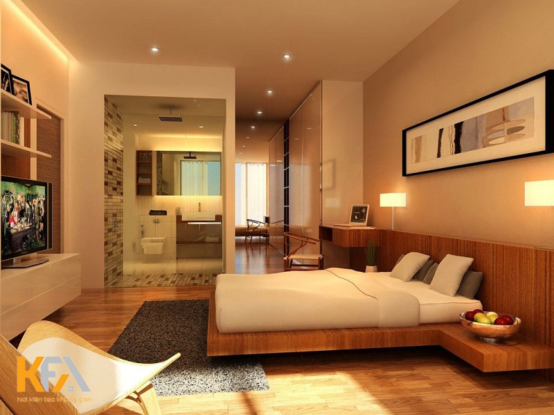 Phòng ngủ được thiết kế với đồ nội thất gỗ có nhà vệ sinh khép kín mang đến sự tiện nghi cho gia chủ