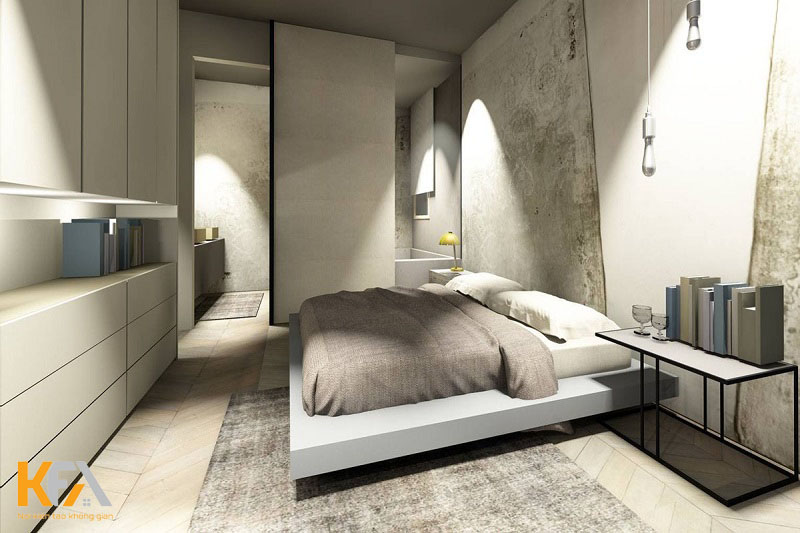 Phòng ngủ sử dụng tone màu chủ đạo là ghi - kem được đồng bộ từ giấy dán tường cho đến thảm trải sàn