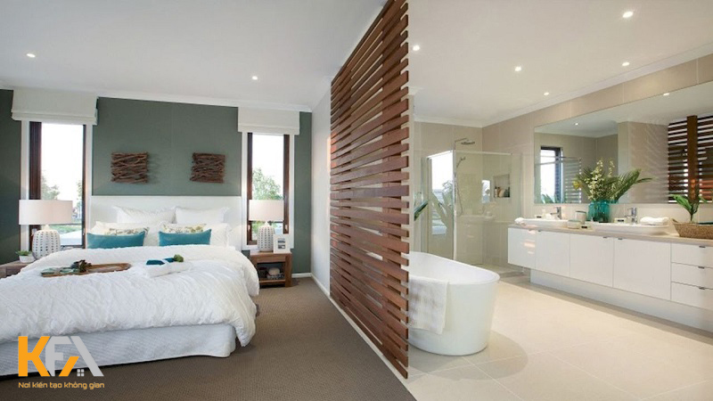 Phòng ngủ được thiết kế với gam màu trắng chủ đạo, sử dụng thêm vách ngăn bằng nhựa giả gỗ 