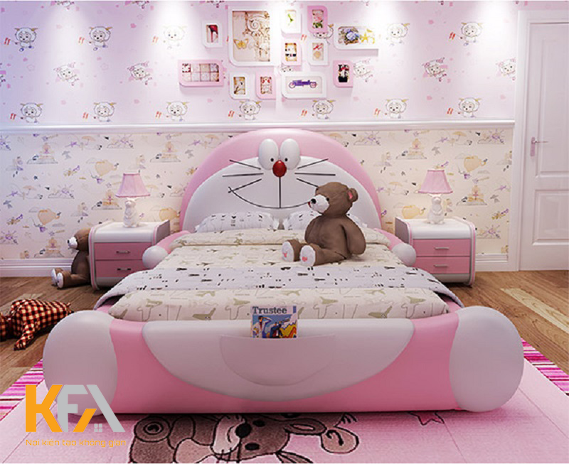 Phòng ngủ đẹp hình doremon với tông hồng nhẹ nhàng phù hợp cho bé gái