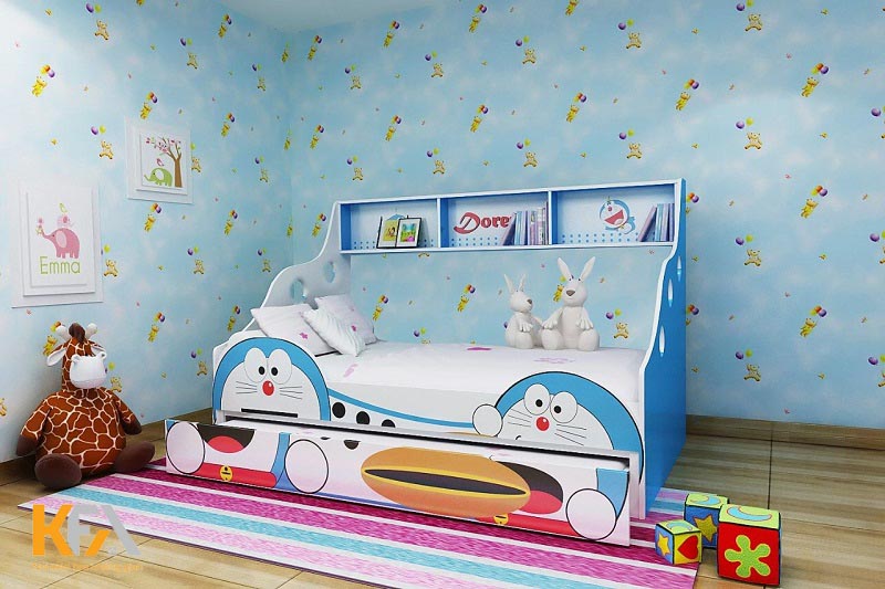 Phòng ngủ có giường kéo họa tiết Doremon độc đáo kết hợp kệ trang trí