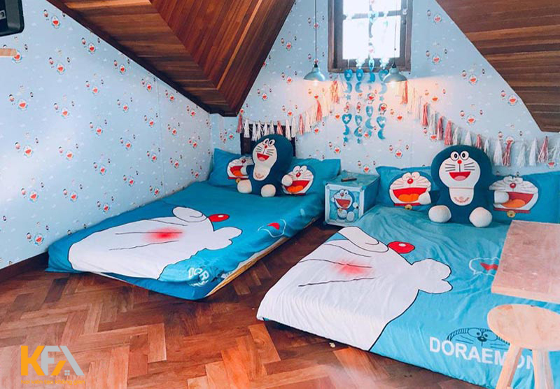 Mẫu phòng ngủ doremon với giường đôi dành cho 2 bé