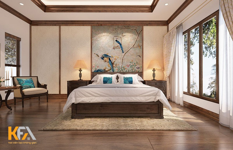Bức tranh thiên nhiên phong cách indochine tạo điểm nhấn quan trọng cho không gian phòng ngủ 