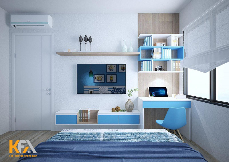 Phòng ngủ cho bé trai màu xanh dương được thiết kế nội thất thông minh, tiết kiệm diện tích
