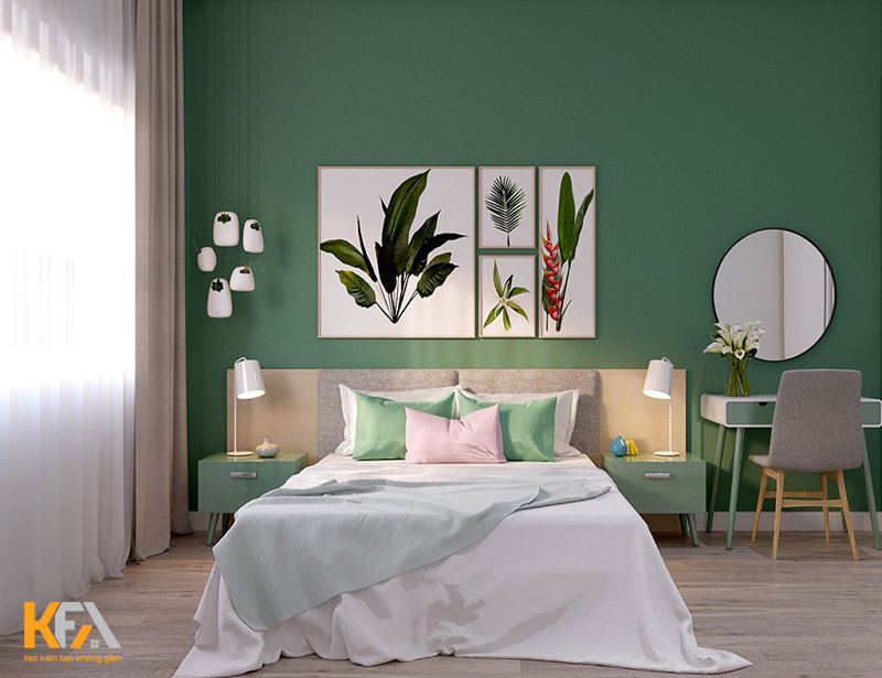 Phòng ngủ màu xanh lá cây tạo cho không gian sự tươi mát