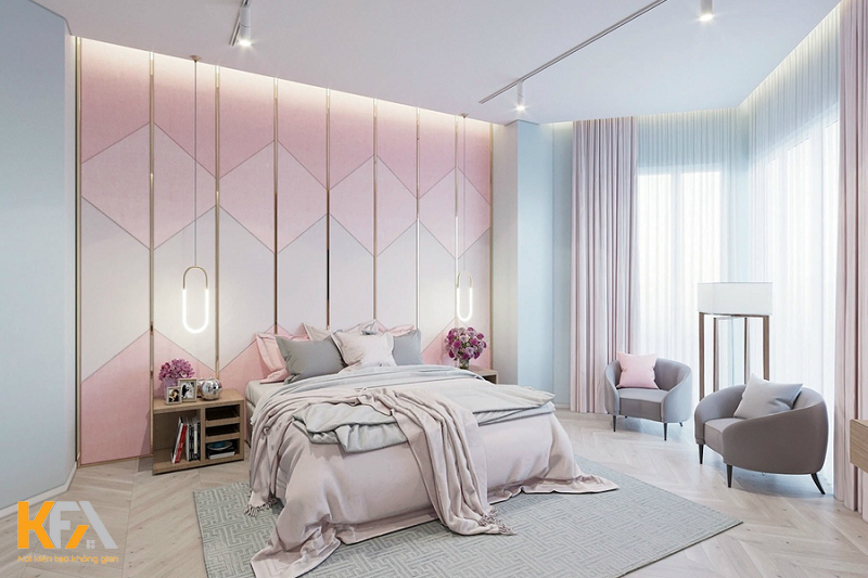Phòng ngủ màu trắng kết hợp màu hồng nhẹ nhàng