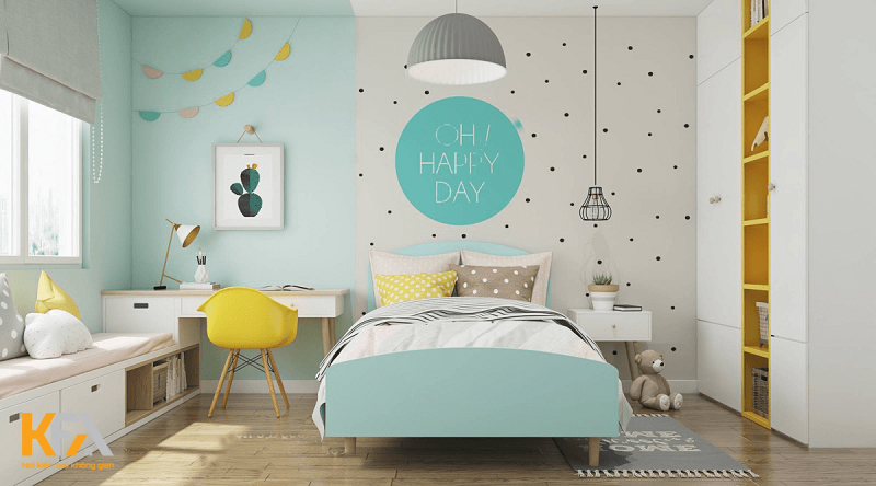 Phòng ngủ bé gái màu xanh thiết kế giấy dán tường chấm bi đẹp mắt