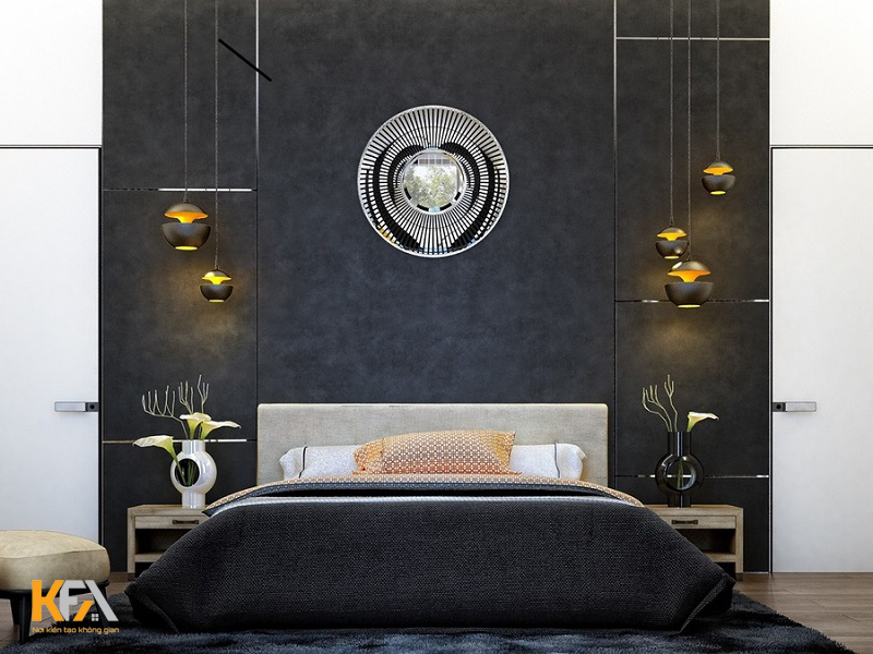Phòng ngủ màu đen nổi bật với gương gắn tường