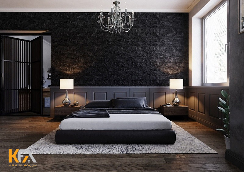 Phòng ngủ màu đen độc đáo với bức tường điêu khắc