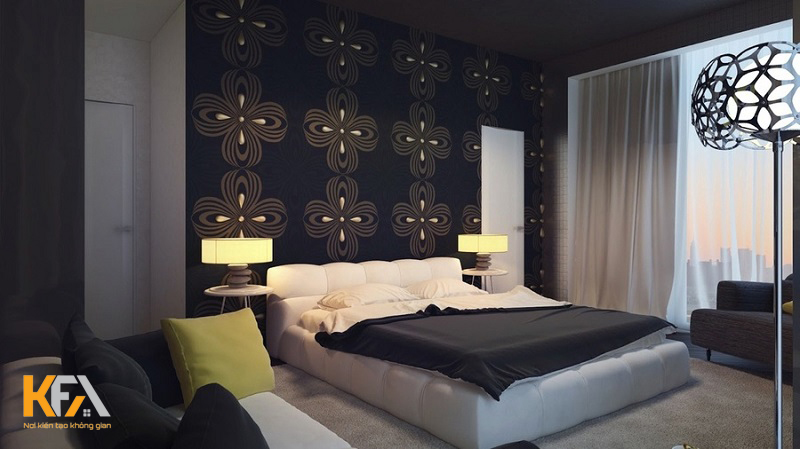 Phòng ngủ màu xám đen kết hợp giấy dán tường 