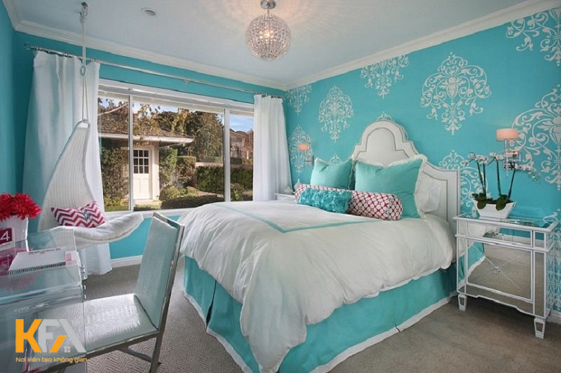 Phòng ngủ đẹp cho nữ màu xanh ngọc bích nhạt