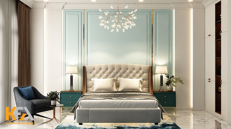 Sắc xanh của mảng tường, tab đầu giường và thảm trải sàn cũng đủ tôn lên sự sang trọng cho căn phòng