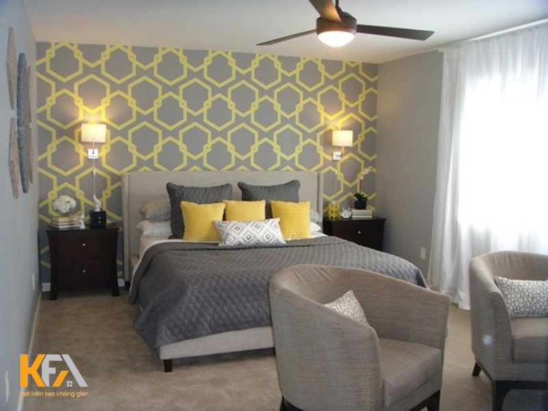 Thiết kế phòng ngủ màu xám kết hợp màu vàng