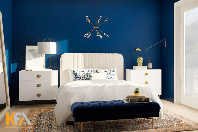 Phòng ngủ đẹp cho nữ màu xanh lam kết hợp nội thất trắng