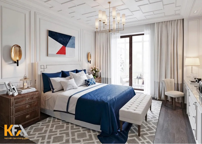 Phòng ngủ tân cổ điển nổi bật với gam màu trắng - xanh