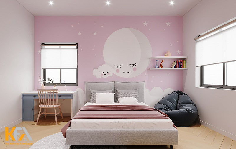 Thiết kế phòng ngủ 3x4m cho bé gái gam màu hồng với giấy dán tường đẹp mắt