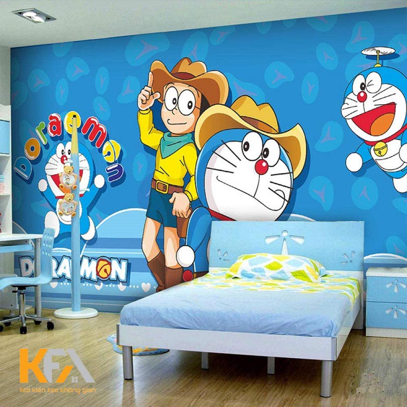 Giấy dán tường cùng tone màu với chiếc giường ngủ trong phòng, tạo cảm giác thoải mái và thích thú