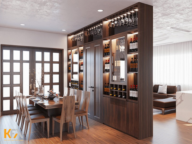 Tủ rượu ngăn phòng khách và bếp bằng gỗ
