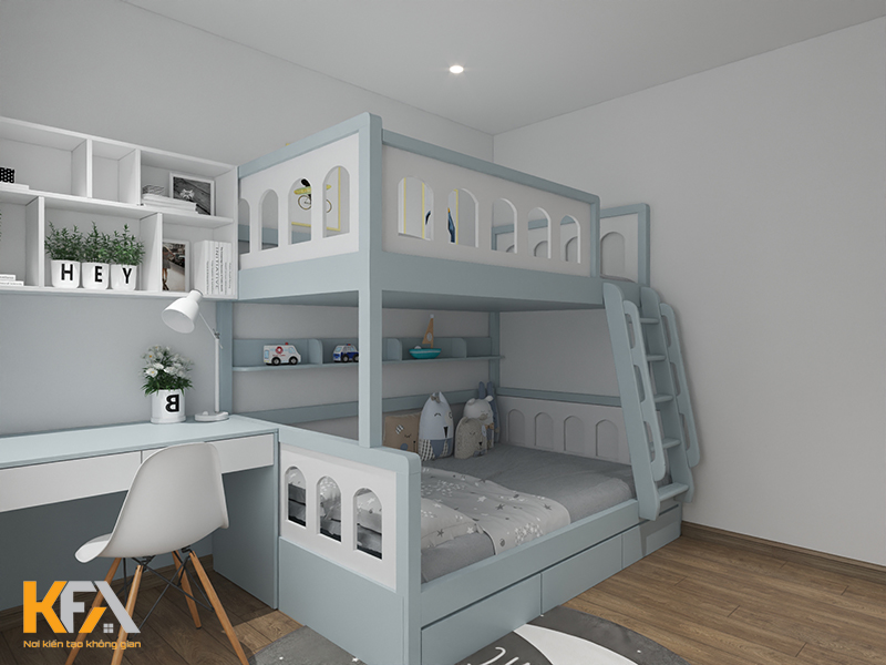Phòng ngủ 2 bé trai song sinh thiết kế giường tầng thông minh
