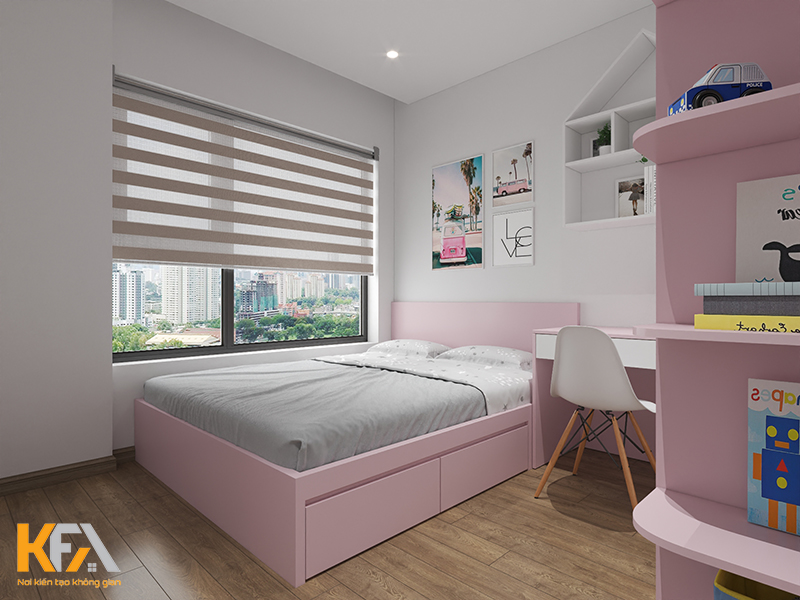 Phòng ngủ bé gái có cửa sổ kính giúp đón ánh sáng tự nhiên