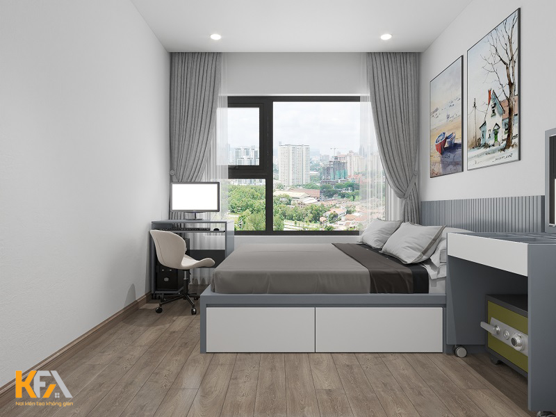 Phòng ngủ vợ chồng chị Hương với thiết kế cửa sổ kính lớn, giúp không gian trở nên rộng mở hơn