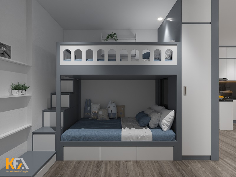 Phòng ngủ 2 bé trai được thiết kế giường tầng chắc chắn với tông màu trắng – xám chủ đạo