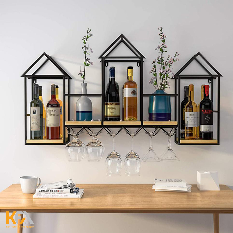 Mẫu 09: tủ rượu treo tường phòng khách thiết kế hình ngôi nhà độc đáo mang phong cách Industrial phóng khoáng