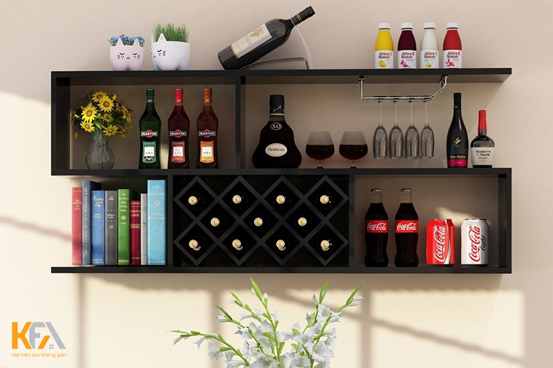Mẫu 06: tủ rượu treo tường phòng khách không chỉ để đựng rượu mà còn sử dụng để sách và một số đồ trang trí nhỏ xinh 