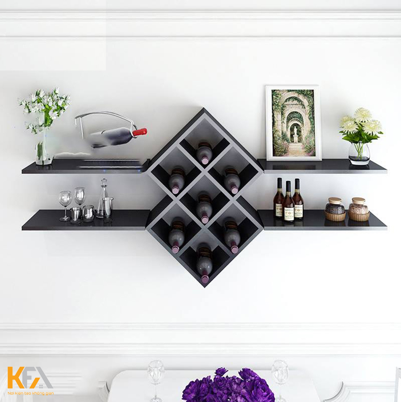 Mẫu 05: tủ rượu treo tường phòng khách được thiết kế cân xứng đơn giản mà thu hút qua chi tiết hình thoi đan vào nhau