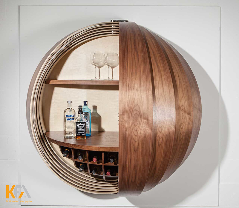 Mẫu 03: Tủ rượu mini treo tường phòng khách thiết kế hình bán cầu sáng tạo, tạo điểm nhấn nổi bật trong không gian