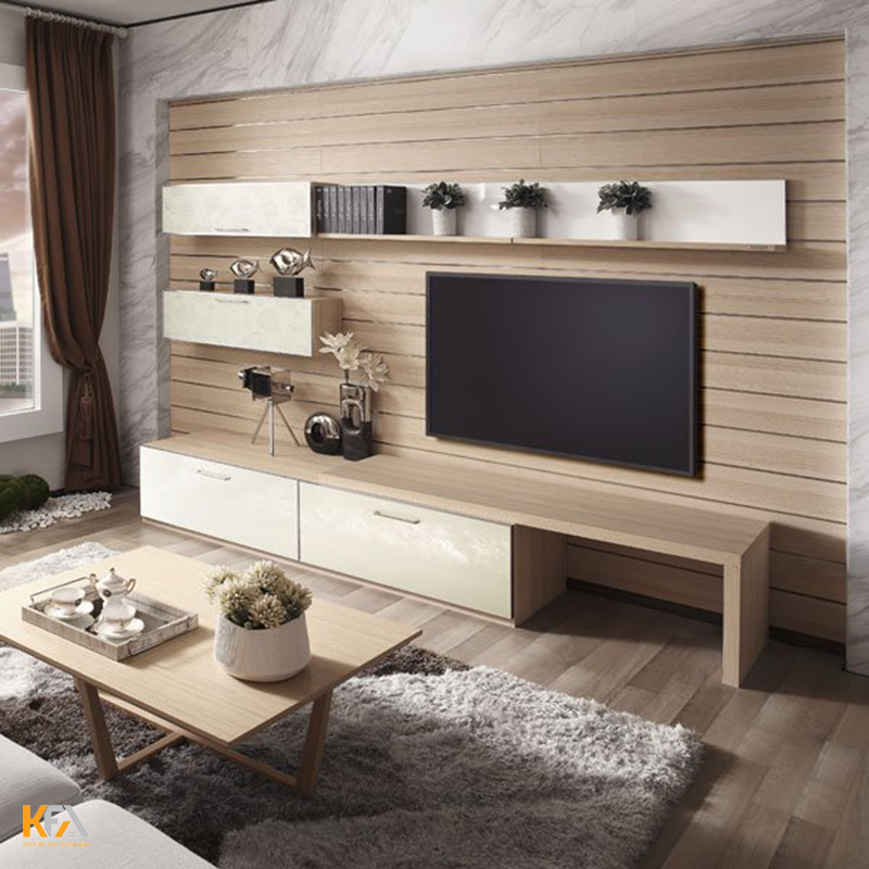 Kệ tivi phòng khách gỗ công nghiệp sát vách ốp gỗ tạo sự hài hòa trong không gian