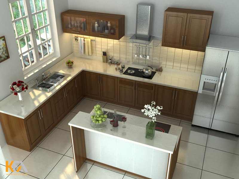 Mẫu 02: phòng bếp nhà ống 3m thiết kế bàn đảo bếp tạo vách ngăn không gian