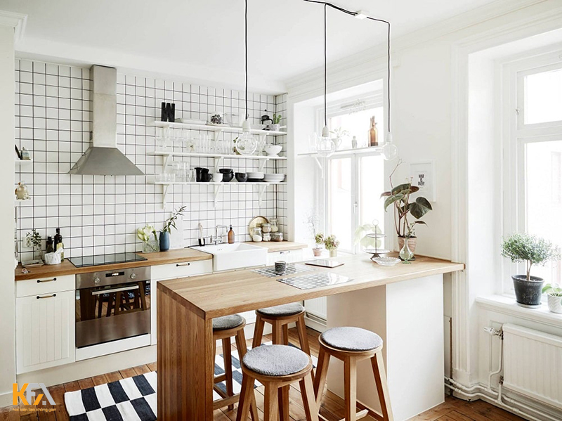 Mẫu 03: phòng bếp nhà ống 4m với tone màu trắng chủ đạo giúp mở rộng không gian