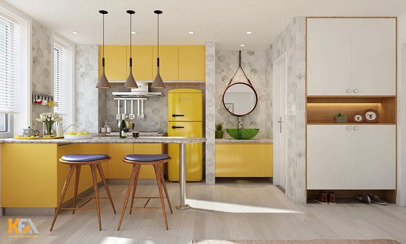 Mẫu 04: Màu vàng tạo không gian ấm áp trong phòng bếp nhà ống 