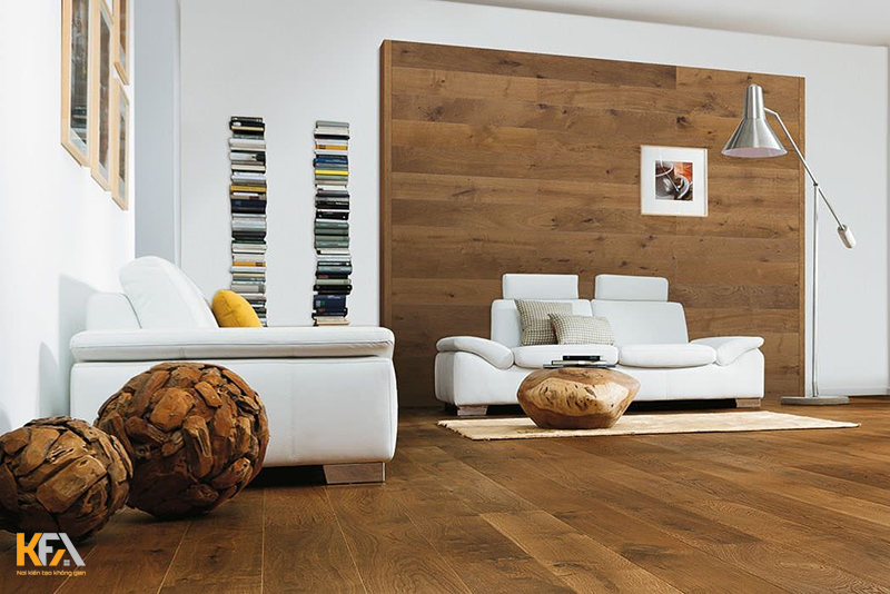 Mẫu phòng khách ốp gỗ công nghiệp có sự kết nối giữa sàn và tường nhà