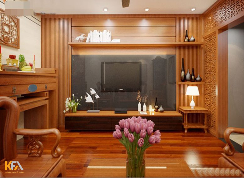 Mẫu phòng khách ốp gỗ tự nhiên mang vẻ đẹp gần gũi, ấm áp